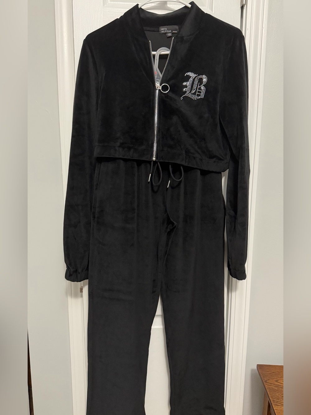 Women’s black velour tracksuit Baby Girl Hot & Delicious M cut and loose hemmed